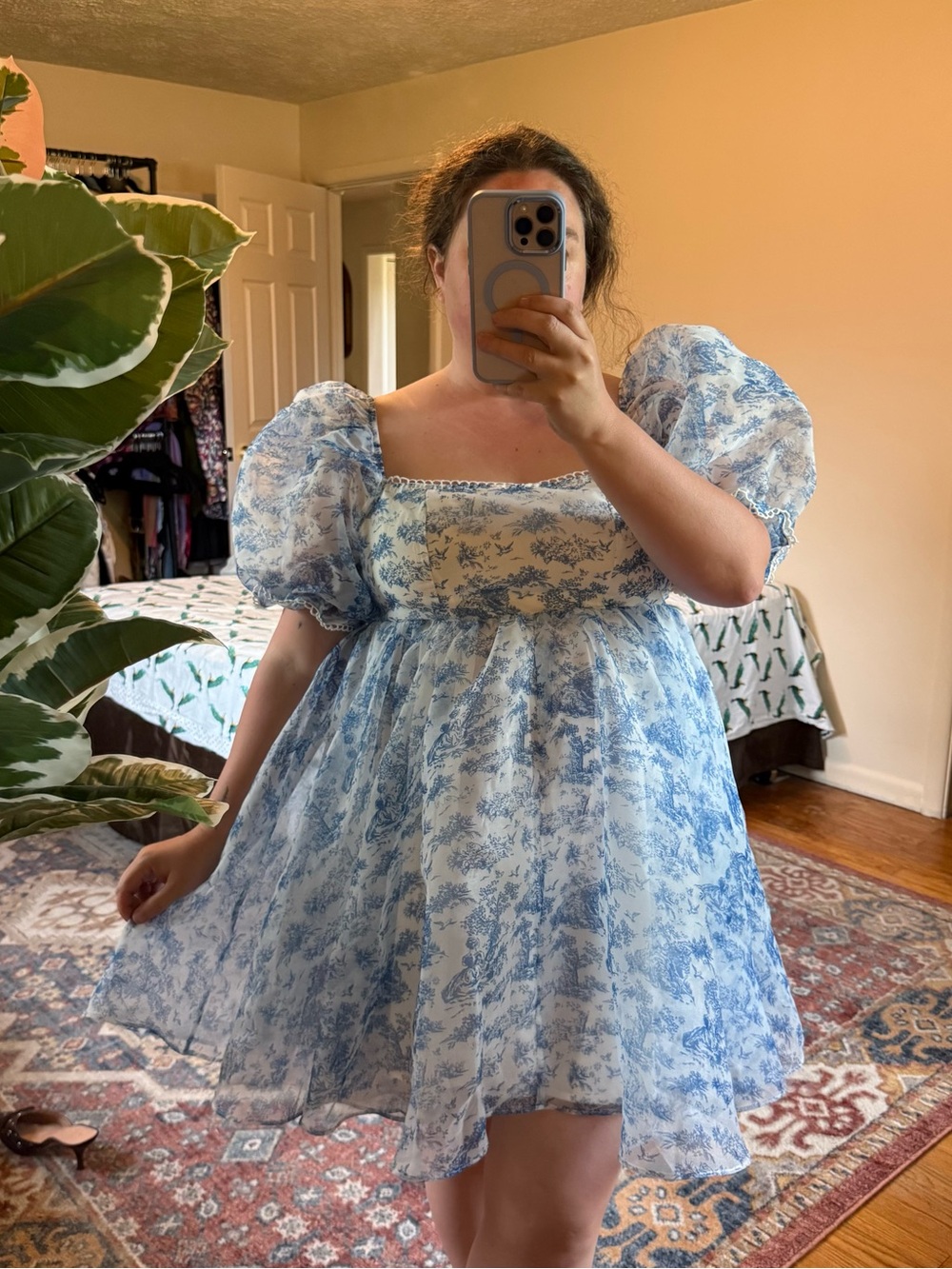 Shein white & blue puff sleeve dress